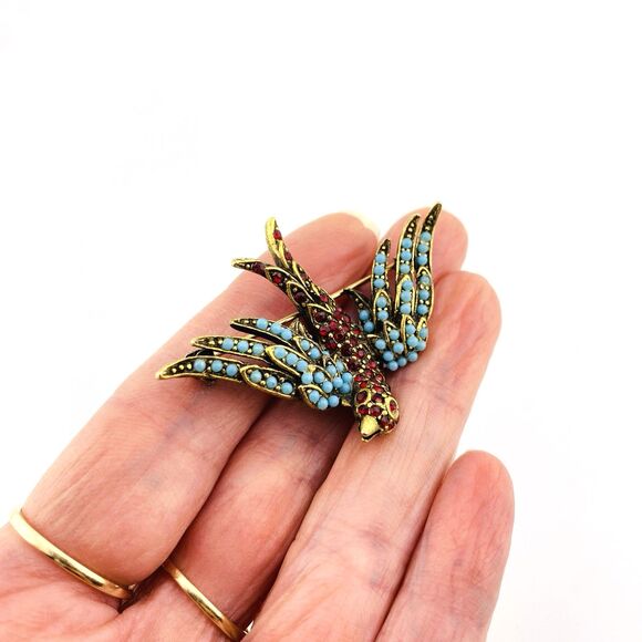 Vintage Pauline Rader Swallow Bird Brooch Pin Turquoise and Ruby Glass Orbs Pave - Picture 6 of 7